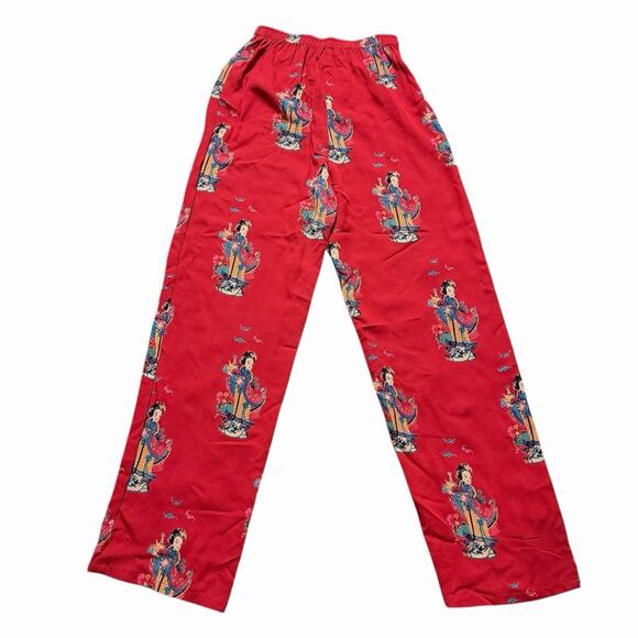 VINTAGE 90s HARARI RED SILK ASIAN PRINT ART TO WEAR PANTS BOHO COTTAGE RETRO S - Picture 5 of 7
